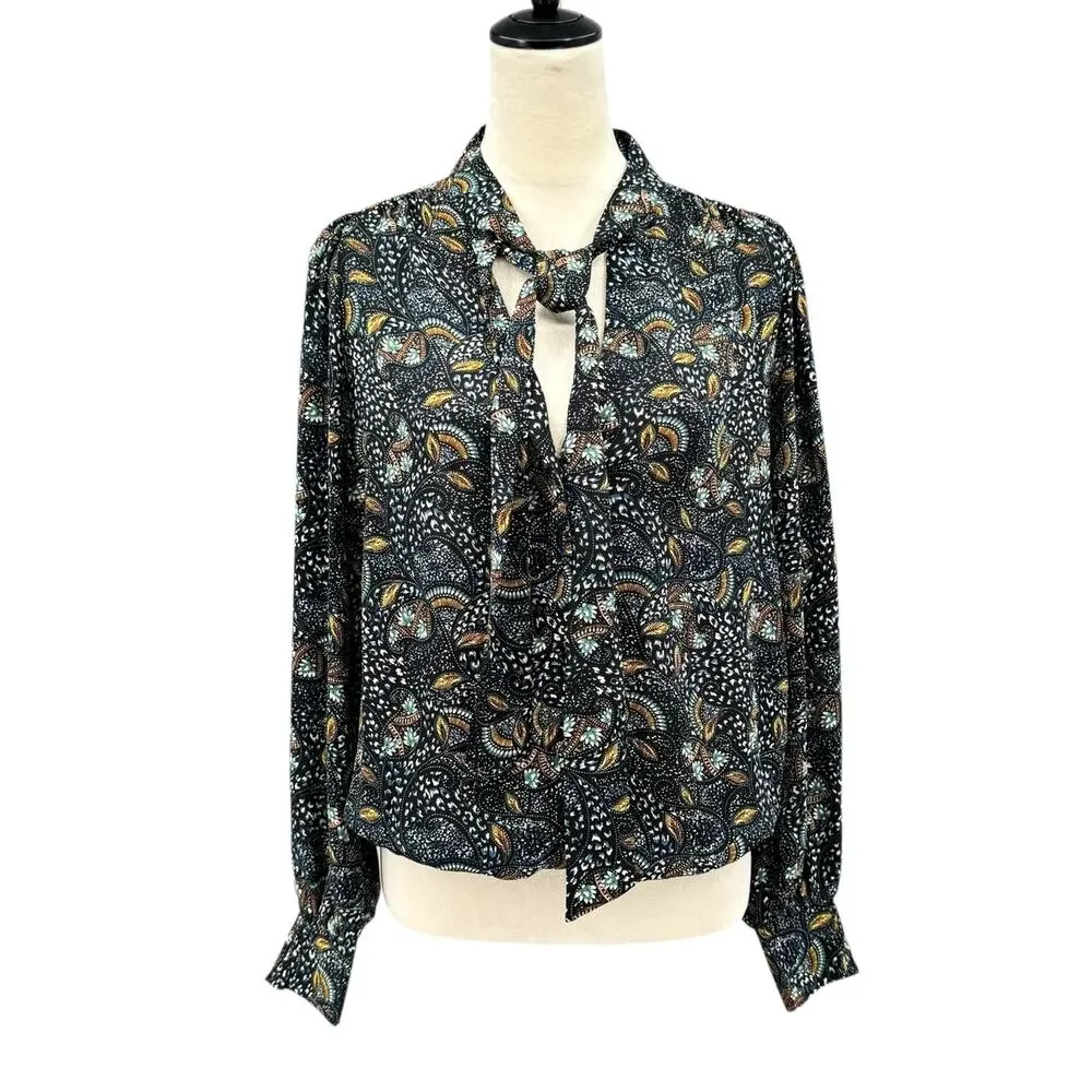 Evereve Charlie Neck Tie Teal Multicolor Printed Long Sleeve Chiffon Blouse - Picture 2 of 12